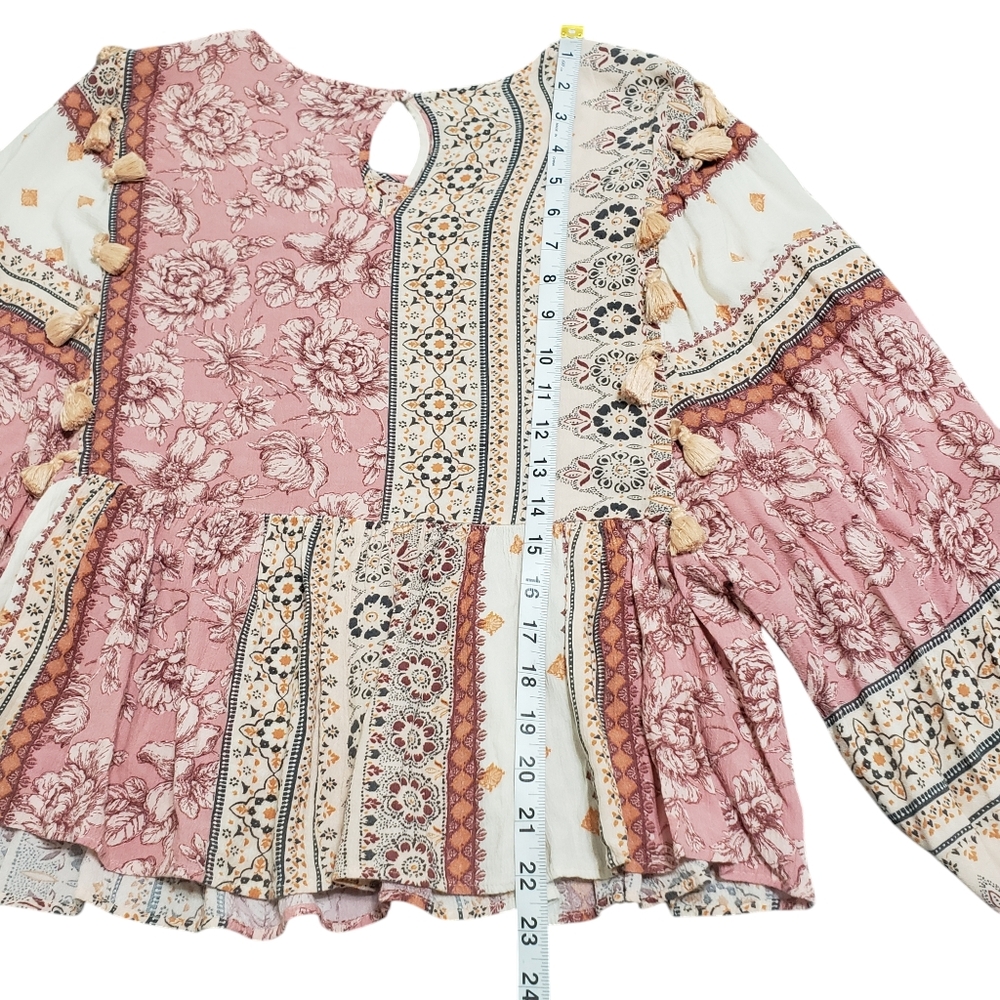 SOLD-American Eagle Pink Patchwork Peasant Top Boho Embroidered Tassel Flare M - Picture 12 of 16